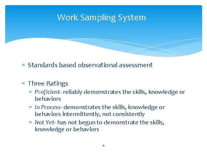 Work Sampling System Standards based observational assessment Three Ratings Proficient- reliably demonstrates the skills,