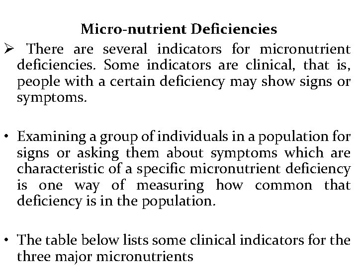 Micro-nutrient Deficiencies Ø There are several indicators for micronutrient deficiencies. Some indicators are clinical,