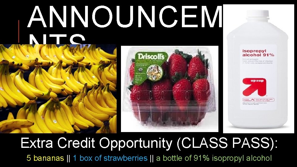 ANNOUNCEME NTS Extra Credit Opportunity (CLASS PASS): 5 bananas || 1 box of strawberries