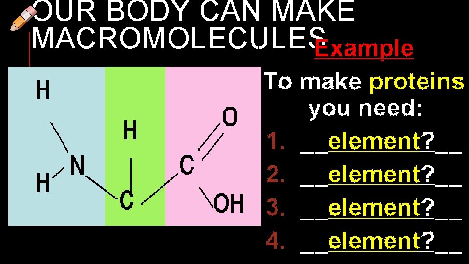 OUR BODY CAN MAKE MACROMOLECULESExample To make proteins you need: 1. __element? __ 2.