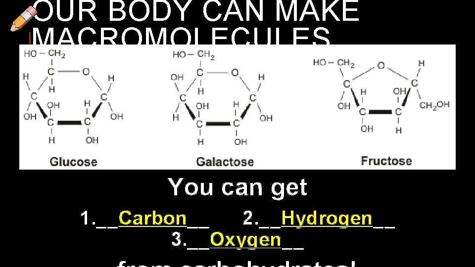 OUR BODY CAN MAKE MACROMOLECULES You can get 1. __Carbon__ 2. __Hydrogen__ 3. __Oxygen__