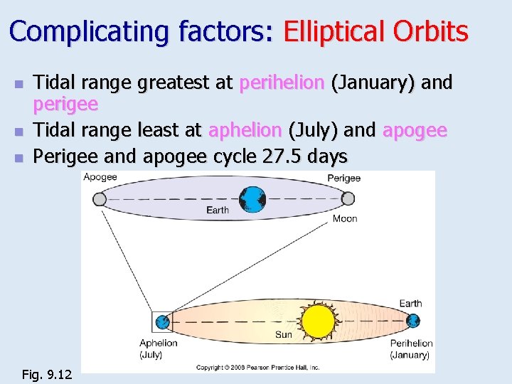 Complicating factors: Elliptical Orbits n n n Tidal range greatest at perihelion (January) and