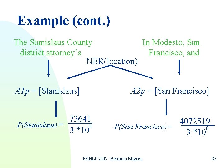 Example (cont. ) The Stanislaus County In Modesto, San district attorney’s Francisco, and NER(location) Example (cont. ) The Stanislaus County In Modesto, San district attorney’s Francisco, and NER(location)