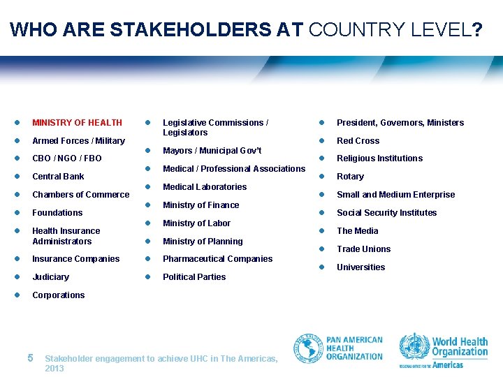 WHO ARE STAKEHOLDERS AT COUNTRY LEVEL? l MINISTRY OF HEALTH l Armed Forces /