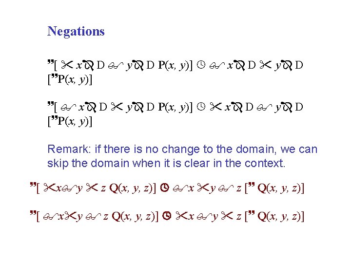 Negations [ x D y D P(x, y)] x D y D [ P(x,