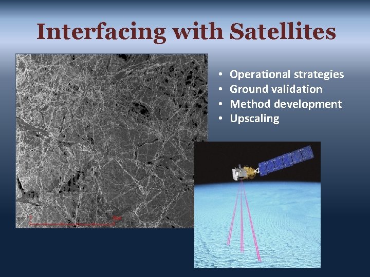 Interfacing with Satellites • • Operational strategies Ground validation Method development Upscaling 