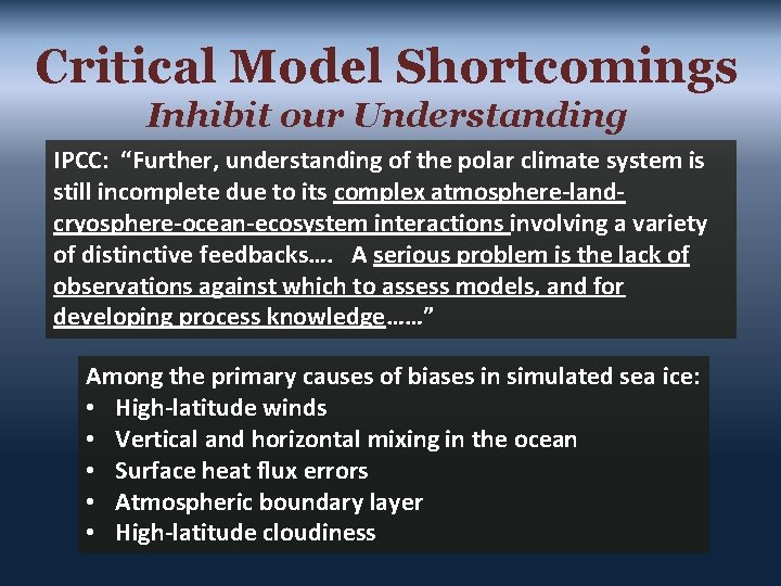 Critical Model Shortcomings Inhibit our Understanding IPCC: “Further, understanding of the polar climate system