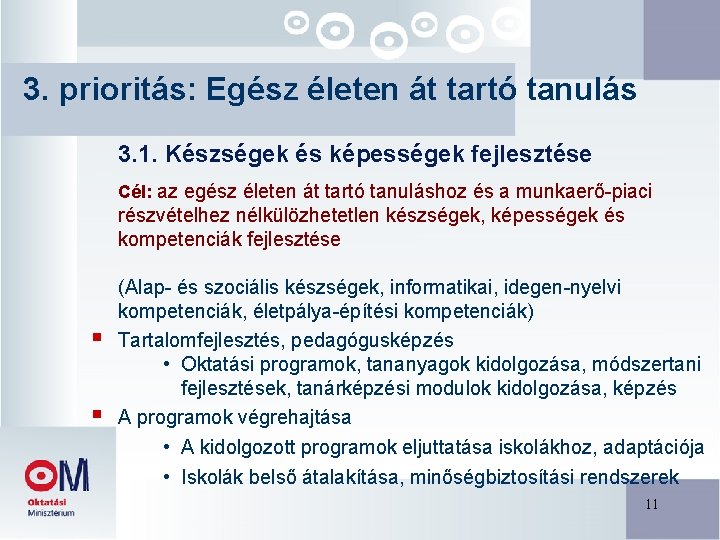 3. prioritás: Egész életen át tartó tanulás 3. 1. Készségek és képességek fejlesztése Cél: