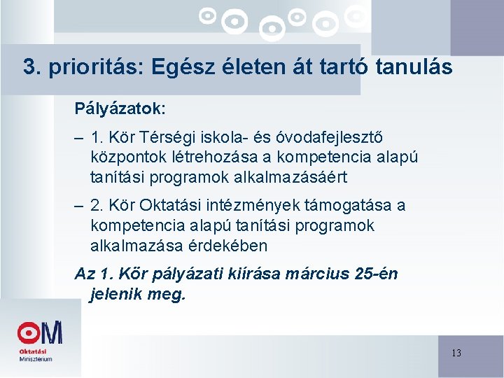 3. prioritás: Egész életen át tartó tanulás Pályázatok: – 1. Kör Térségi iskola- és