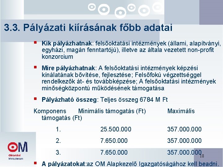 3. 3. Pályázati kiírásának főbb adatai § Kik pályázhatnak: felsőoktatási intézmények (állami, alapítványi, egyházi,