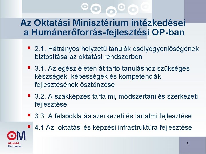 Az Oktatási Minisztérium intézkedései a Humánerőforrás-fejlesztési OP-ban § 2. 1. Hátrányos helyzetű tanulók esélyegyenlőségének