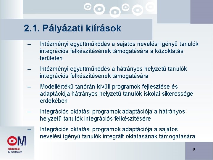 2. 1. Pályázati kiírások – Intézményi együttműködés a sajátos nevelési igényű tanulók integrációs felkészítésének 2. 1. Pályázati kiírások – Intézményi együttműködés a sajátos nevelési igényű tanulók integrációs felkészítésének