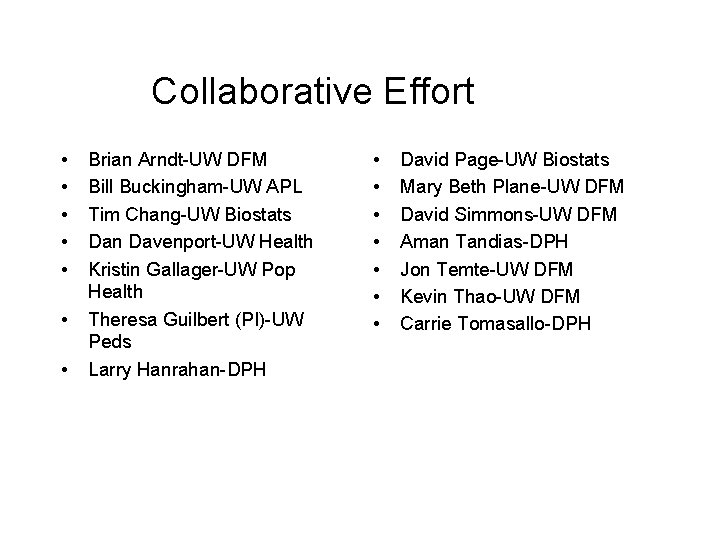 Collaborative Effort • • Brian Arndt-UW DFM Bill Buckingham-UW APL Tim Chang-UW Biostats Dan