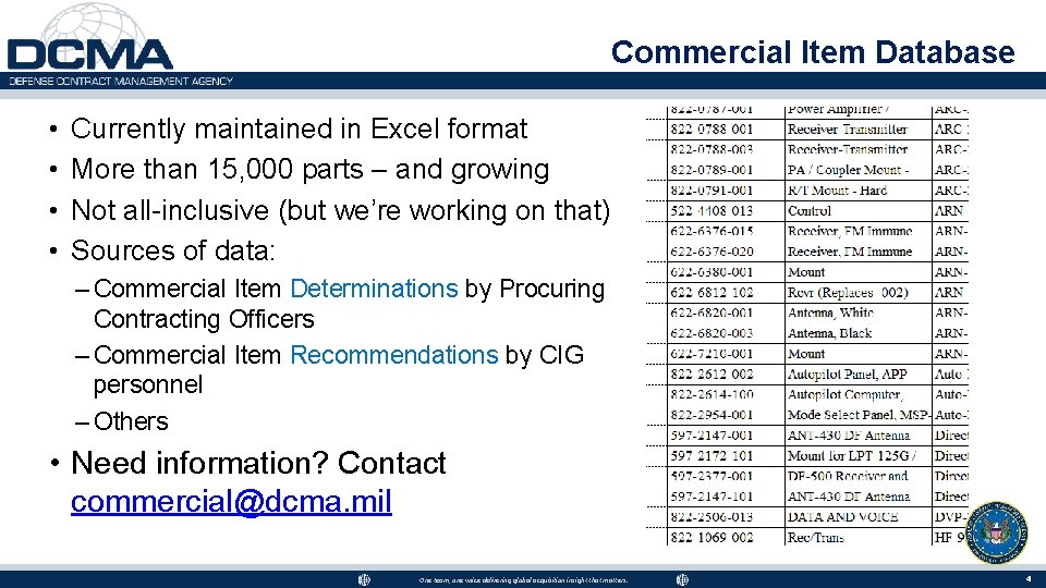 Commercial Item Database • • Currently maintained in Excel format More than 15, 000