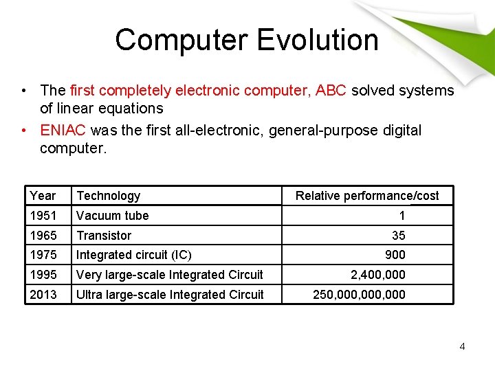 Computer Evolution • The first completely electronic computer, ABC solved systems of linear equations