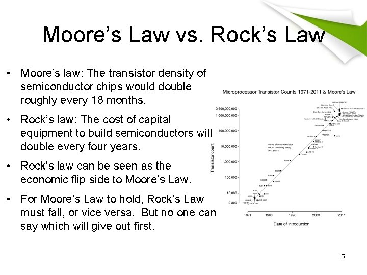 Moore’s Law vs. Rock’s Law • Moore’s law: The transistor density of semiconductor chips