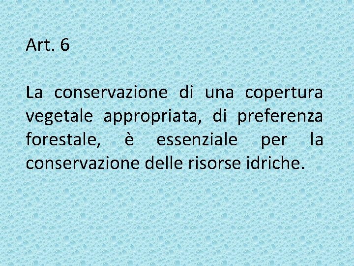 Art. 6 La conservazione di una copertura vegetale appropriata, di preferenza forestale, è essenziale