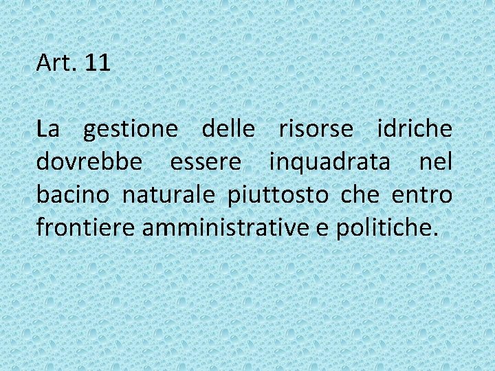 Art. 11 La gestione delle risorse idriche dovrebbe essere inquadrata nel bacino naturale piuttosto