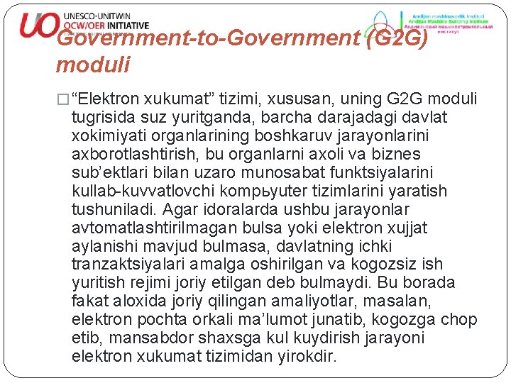 Government-to-Government (G 2 G) moduli � “Elektron xukumat” tizimi, xususan, uning G 2 G