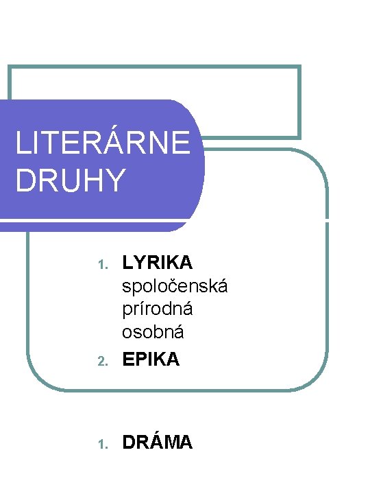 LITERÁRNE DRUHY 2. LYRIKA spoločenská prírodná osobná EPIKA 1. DRÁMA 1. 