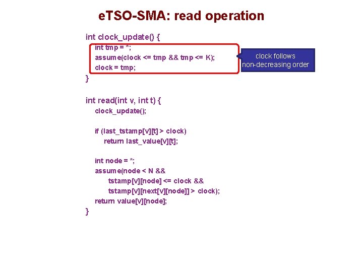 e. TSO-SMA: read operation int clock_update() { int tmp = *; assume(clock <= tmp