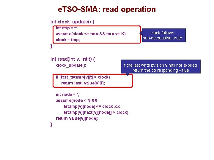 e. TSO-SMA: read operation int clock_update() { int tmp = *; assume(clock <= tmp