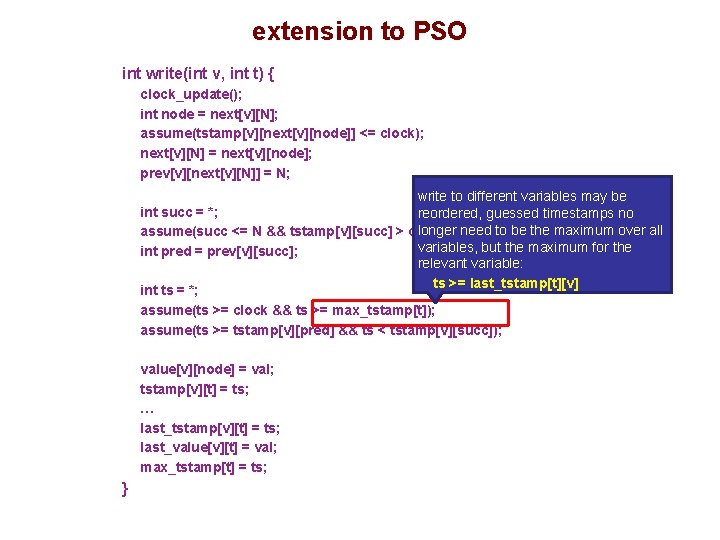 extension to PSO int write(int v, int t) { clock_update(); int node = next[v][N];