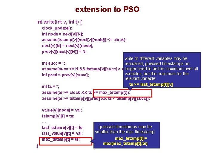extension to PSO int write(int v, int t) { clock_update(); int node = next[v][N];