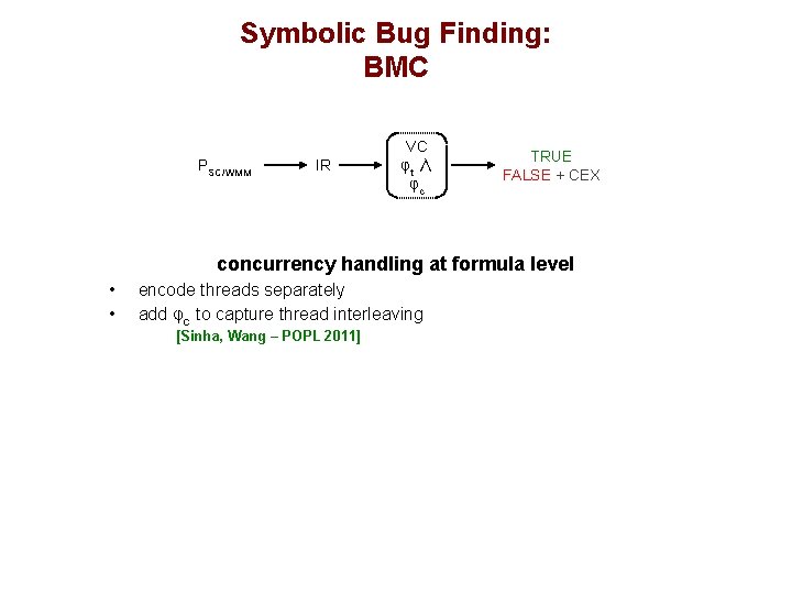 Symbolic Bug Finding: BMC PSC/WMM IR VC φt ∧ φc TRUE FALSE + CEX