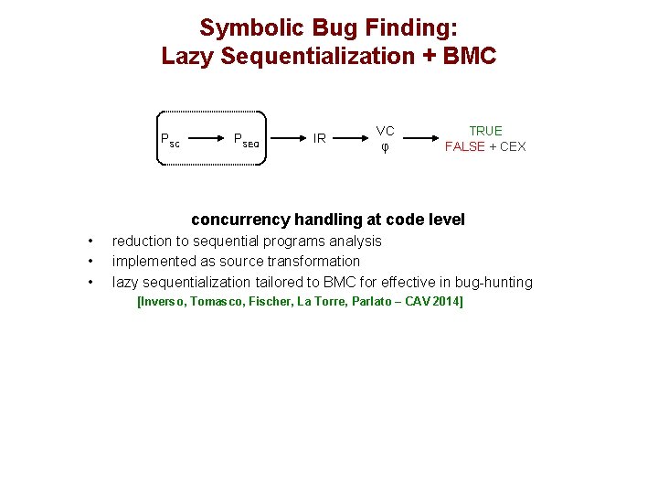 Symbolic Bug Finding: Lazy Sequentialization + BMC PSEQ IR VC φ TRUE FALSE +