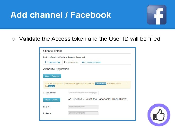 Add channel / Facebook o Validate the Access token and the User ID will