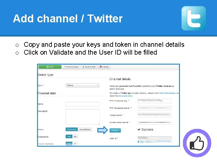 Add channel / Twitter o Copy and paste your keys and token in channel