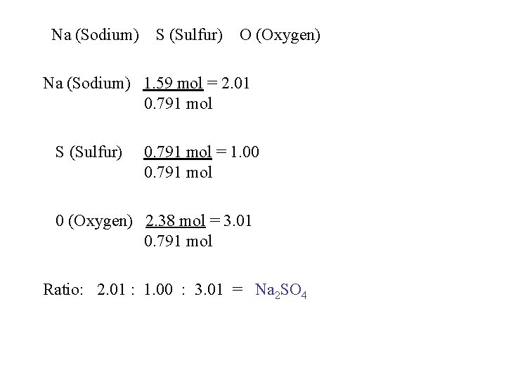 Na (Sodium) S (Sulfur) O (Oxygen) Na (Sodium) 1. 59 mol = 2. 01