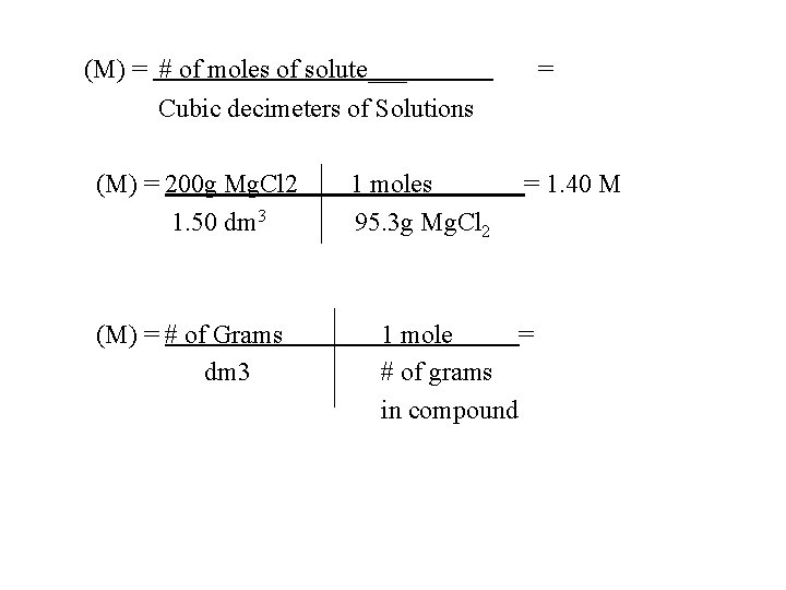 (M) = # of moles of solute___ = Cubic decimeters of Solutions (M) =