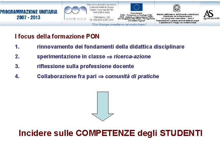 I focus della formazione PON 1. rinnovamento dei fondamenti della didattica disciplinare 2. sperimentazione