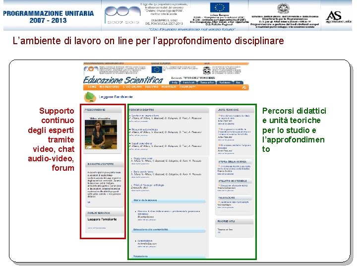 L’ambiente di lavoro on line per l’approfondimento disciplinare Supporto continuo degli esperti tramite video,