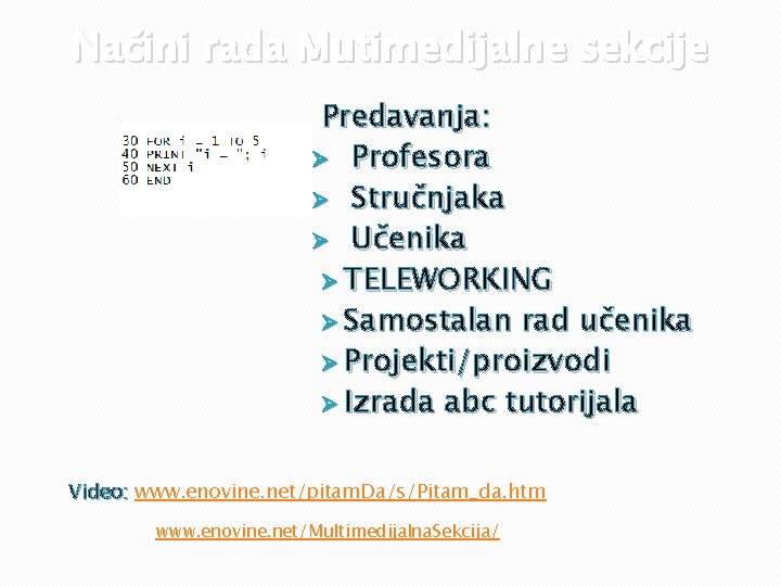 Načini rada Mutimedijalne sekcije Predavanja: Ø Profesora Ø Stručnjaka Ø Učenika Ø TELEWORKING Ø