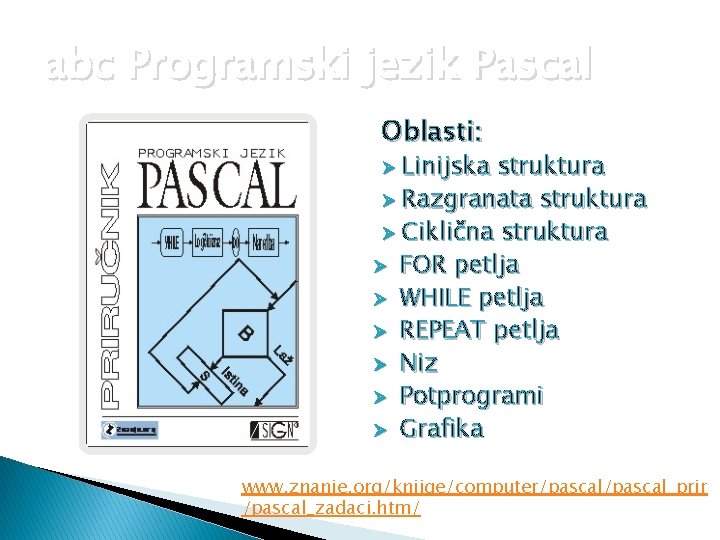 abc Programski jezik Pascal Oblasti: Linijska struktura Ø Razgranata struktura Ø Ciklična struktura Ø