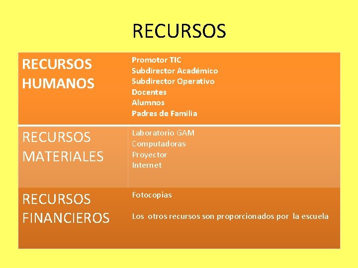 RECURSOS HUMANOS Promotor TIC Subdirector Académico Subdirector Operativo Docentes Alumnos Padres de Familia RECURSOS