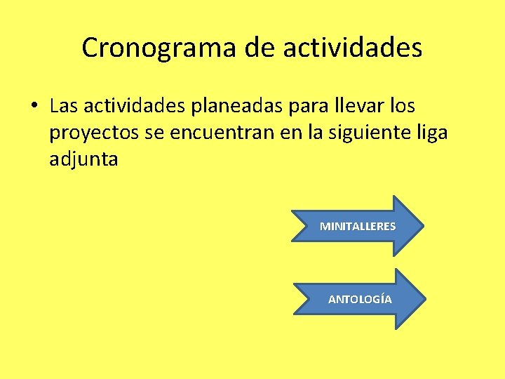 Cronograma de actividades • Las actividades planeadas para llevar los proyectos se encuentran en