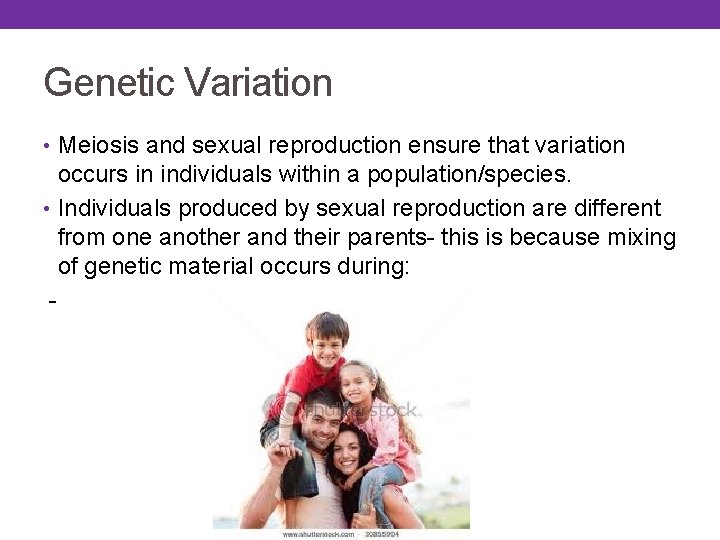 Genetic Variation • Meiosis and sexual reproduction ensure that variation occurs in individuals within Genetic Variation • Meiosis and sexual reproduction ensure that variation occurs in individuals within