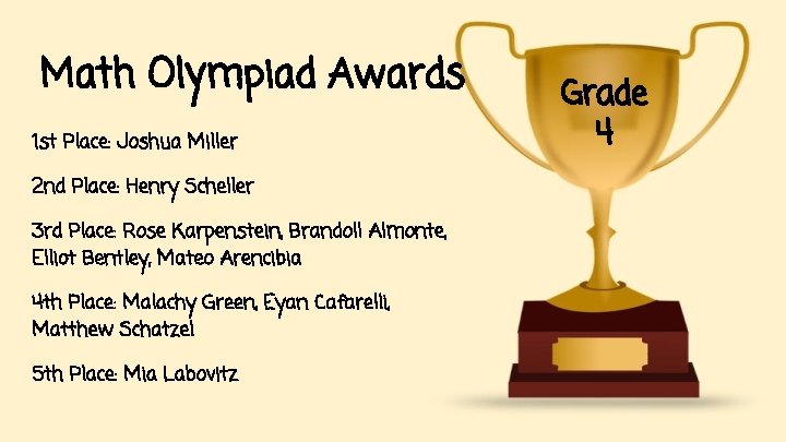 Math Olympiad Awards 1 st Place: Joshua Miller 2 nd Place: Henry Scheller 3