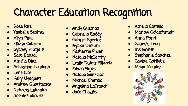 Character Education Recognition ● ● ● ● Rose Ritz Ysabelle Sealtiel Ailyn Pina Eliana