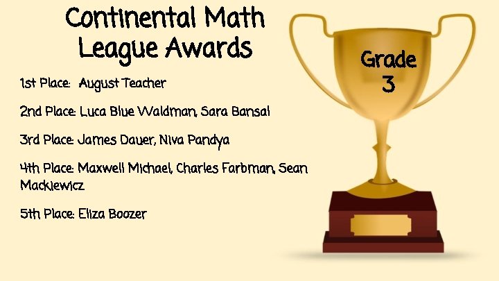 Continental Math League Awards 1 st Place: August Teacher 2 nd Place: Luca Blue