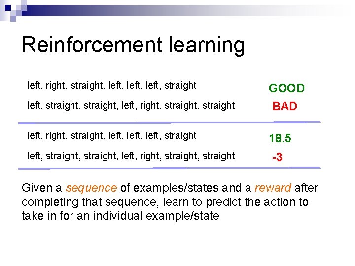 Reinforcement learning left, right, straight, left, left, straight, straight, left, right, straight, straight GOOD