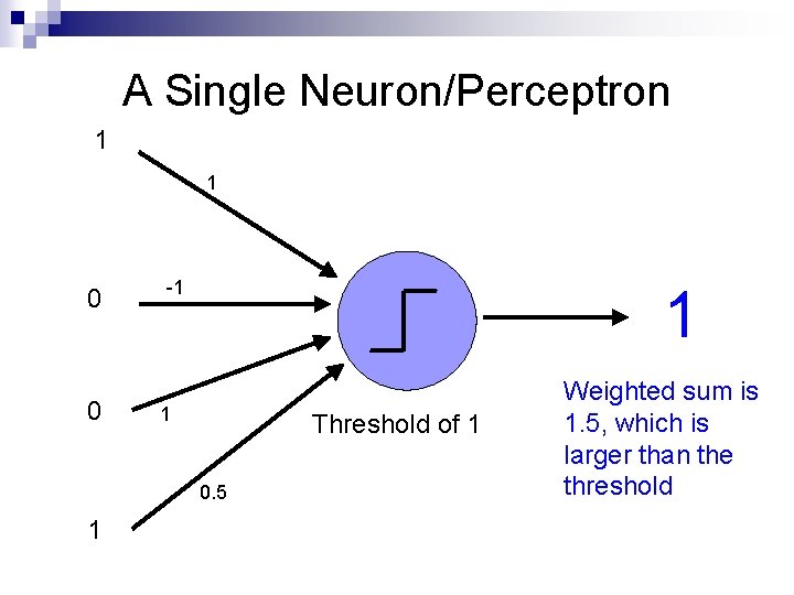 A Single Neuron/Perceptron 1 1 0 0 -1 1 1 Threshold of 1 0.