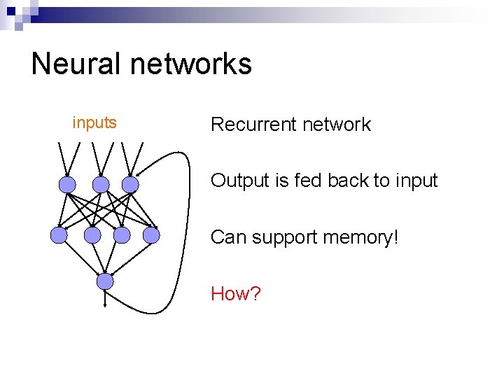 Neural networks inputs Recurrent network Output is fed back to input Can support memory!