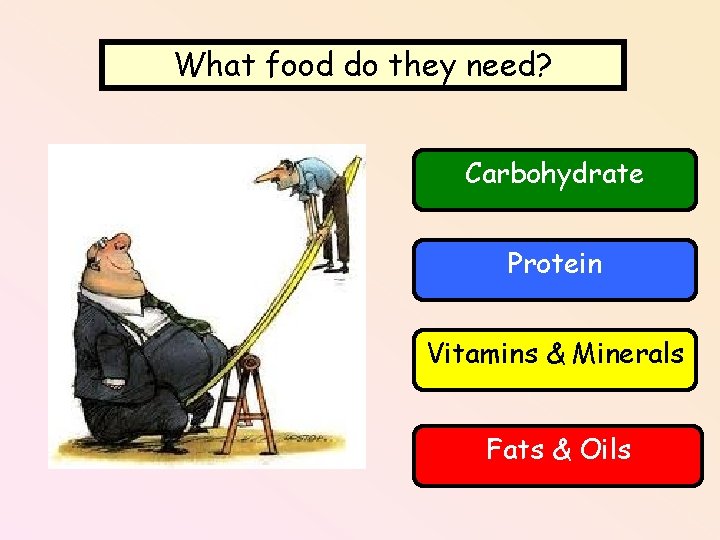 What food do they need? Carbohydrate Protein Vitamins & Minerals Fats & Oils 