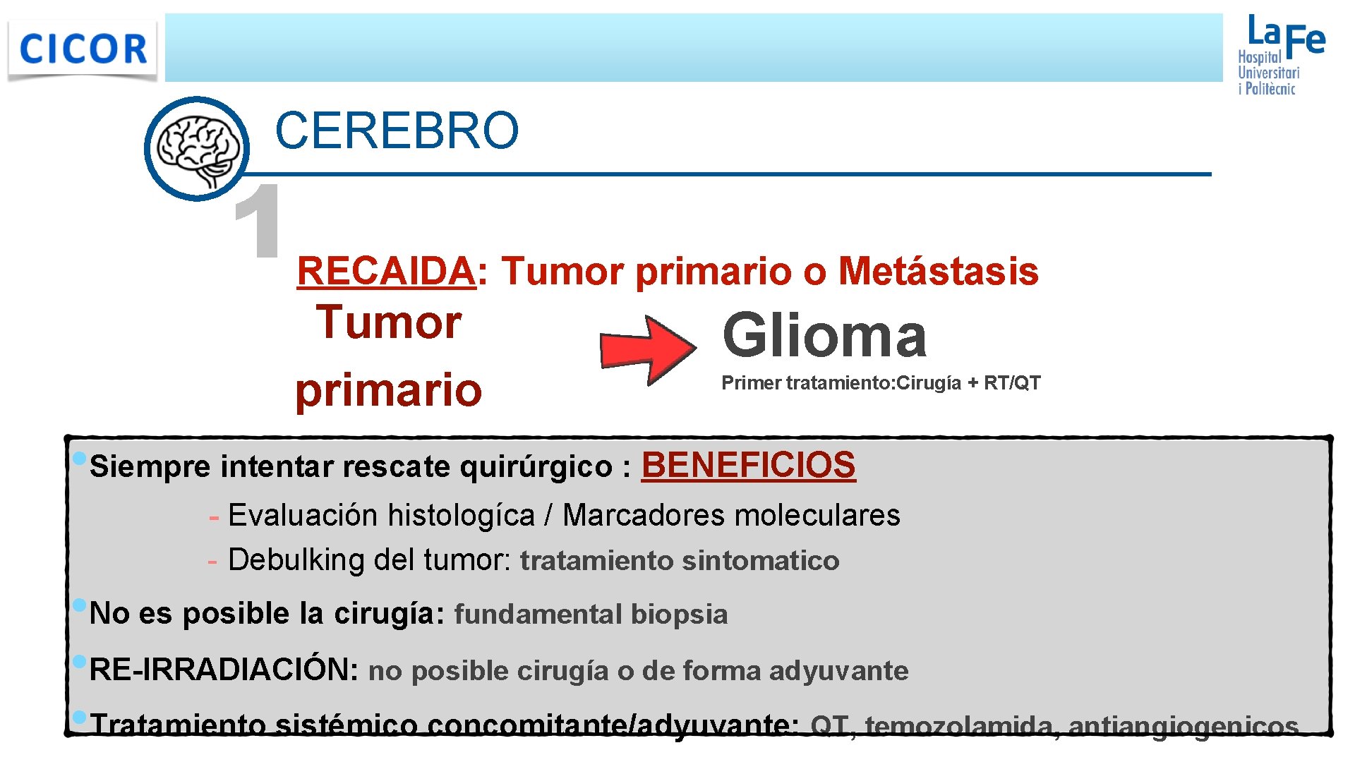 CEREBRO 1 RECAIDA: Tumor primario o Metástasis Tumor primario Glioma Primer tratamiento: Cirugía + CEREBRO 1 RECAIDA: Tumor primario o Metástasis Tumor primario Glioma Primer tratamiento: Cirugía +