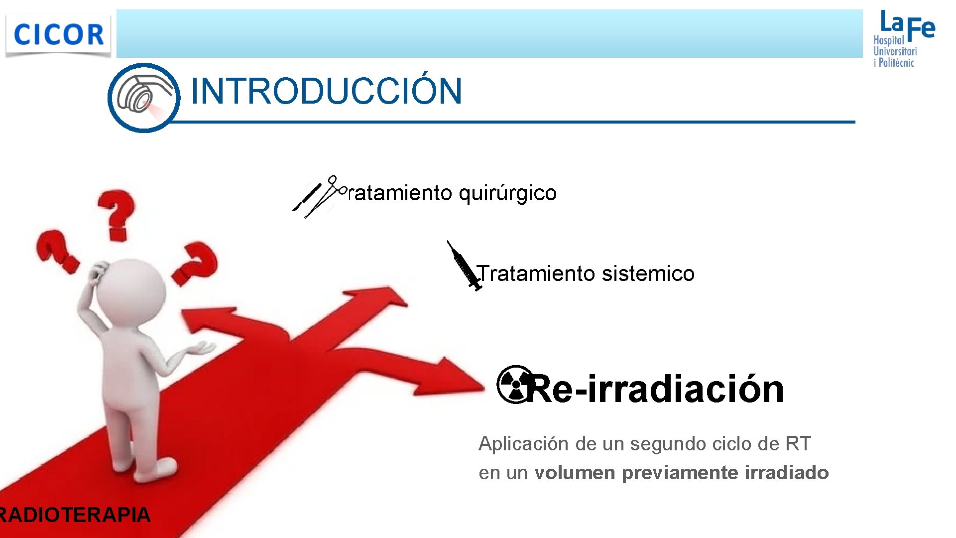 RADIOTERAPIA INTRODUCCIÓN Tratamiento quirúrgico Tratamiento sistemico Re-irradiación Aplicación de un segundo ciclo de RT RADIOTERAPIA INTRODUCCIÓN Tratamiento quirúrgico Tratamiento sistemico Re-irradiación Aplicación de un segundo ciclo de RT